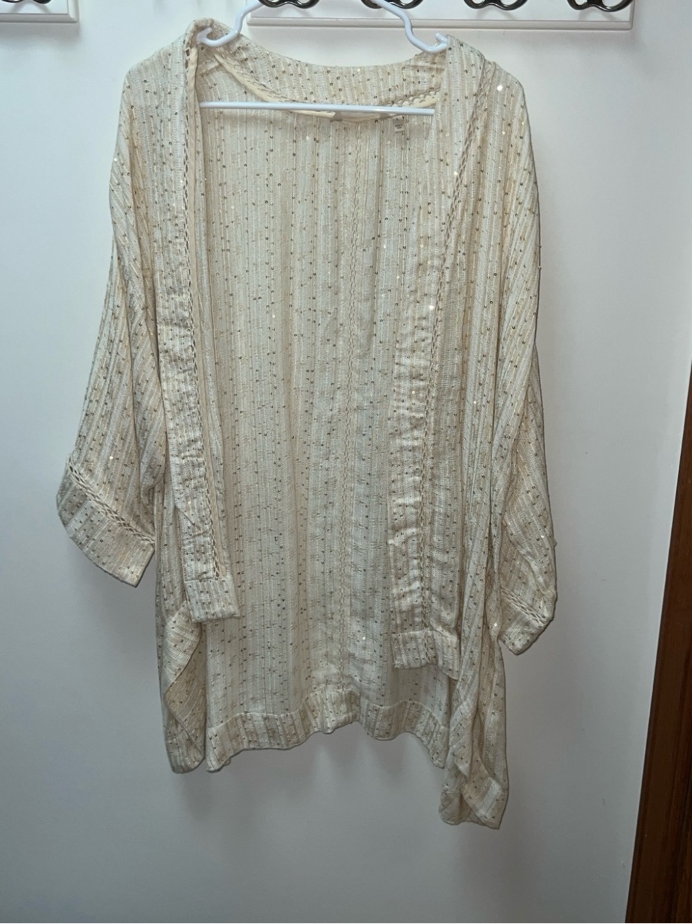 Soft Surroundings Cream & Gold Sequin Open Front Kimono Cardigan Size L